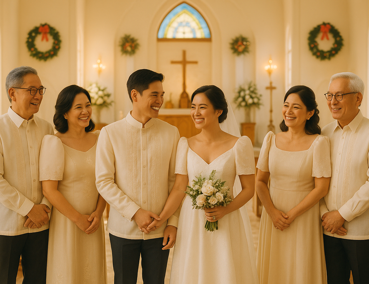 Bride and groom with their Filipino wedding sponsors in traditional attire, gathered inside a brightly lit church.