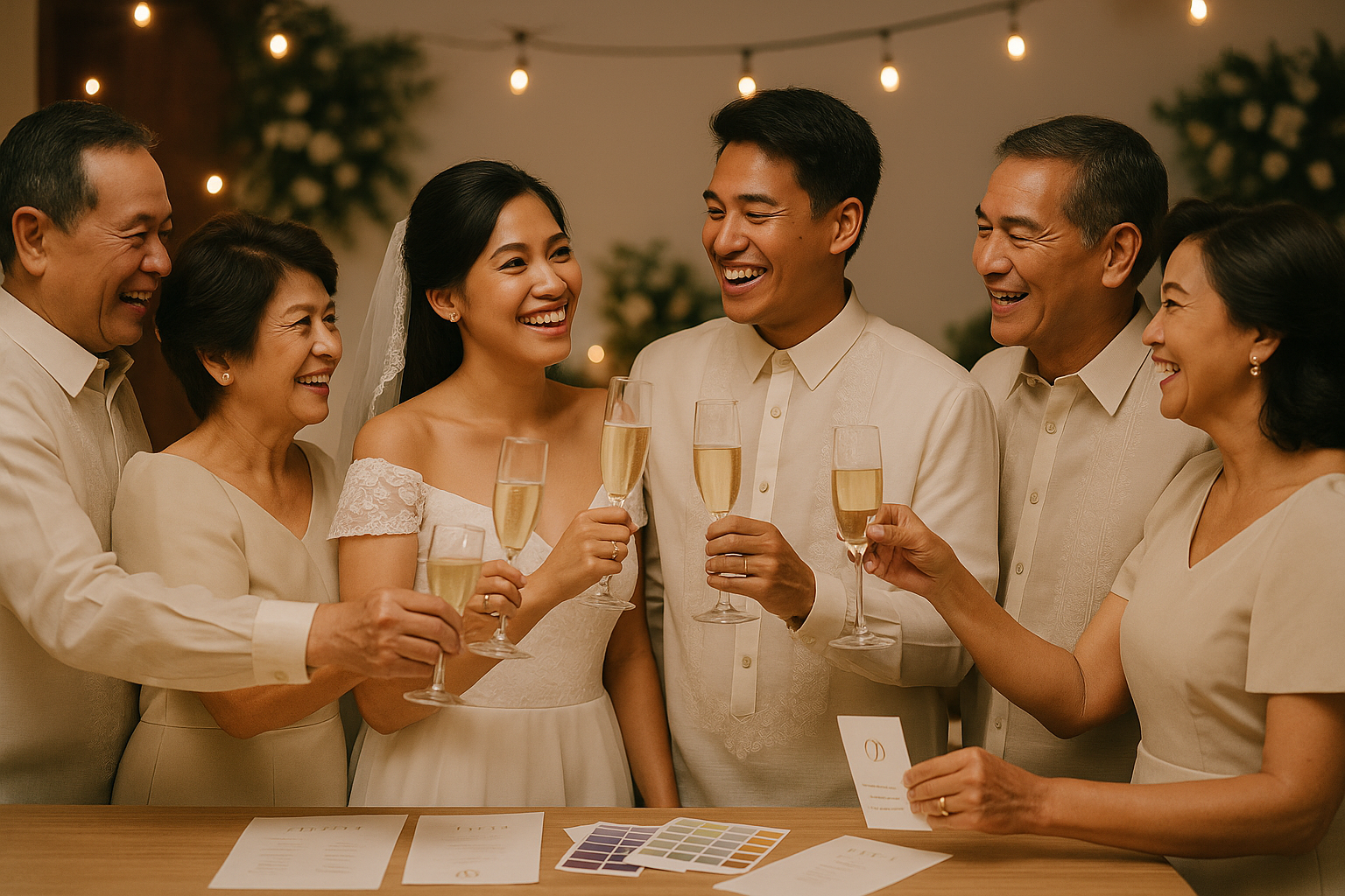 Filipino wedding sponsors toasting and celebrating the newlyweds, expressing support and encouragement for their marriage.
