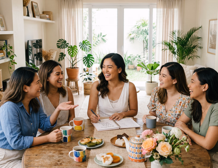 Filipino bride laughing with close friends around a dining table while planning her wedding in a bright home setting, warm lifestyle editorial photography Philippines