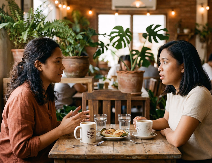 Two Filipino women having a sincere and emotional conversation over coffee at a warm intimate cafe in the Philippines, candid lifestyle photography