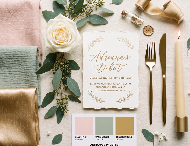 Flat lay styling board for a Filipino debut color palette, with blush, sage, and gold fabric swatches, eucalyptus, a rose, and invitation sample.