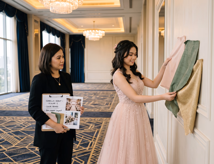 A Filipino debutante in a blush gown holds color palette swatches with her stylist in an empty hotel ballroom during a venue ocular.