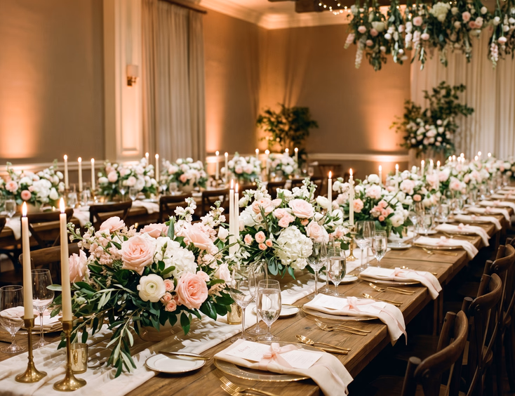 Styled Filipino debut reception with a blush, sage green, and ivory color palette on a long wooden dining table with floral centerpieces.