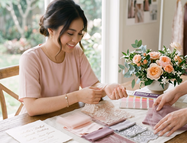 A Filipino debutante sits at a table for a styling consultation, surrounded by color palette swatches, an invitation sample, and garden roses.