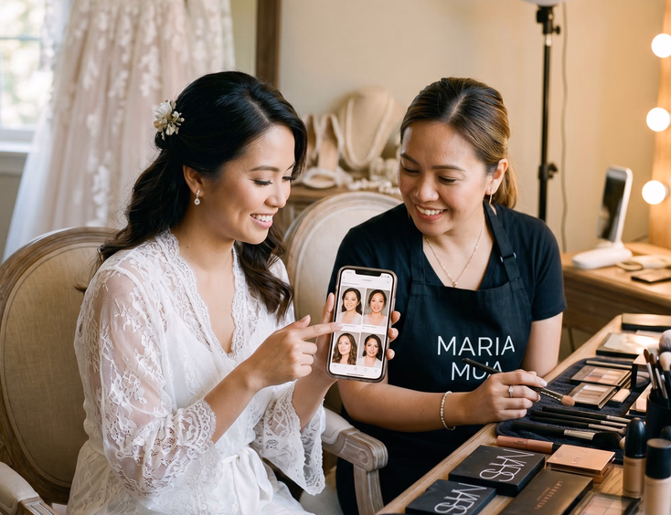 Filipino bride and her makeup artist sitting side by side at a bridal vanity reviewing wedding makeup inspiration photos on a phone in a relaxed and collaborative mood with makeup products spread across the table