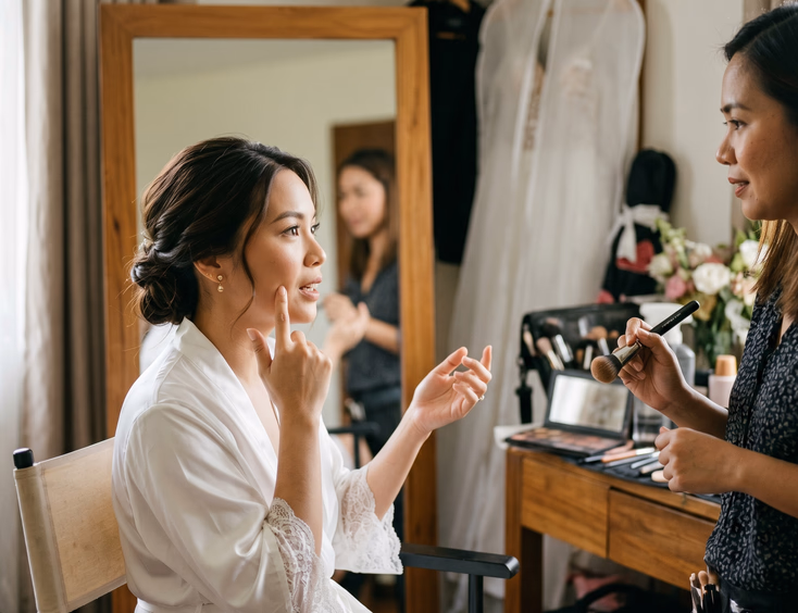 Filipino bride with minimal makeup gesturing toward her face while her makeup artist stands beside her holding a brush and listening attentively with a mirror reflecting the bride in the background