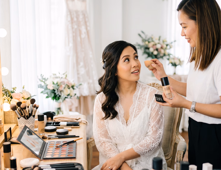 Filipino bride looking up at her makeup artist mid-application with a curious expression while the artist pauses with a foundation bottle and sponge in hand at a well-organized vanity in a bright airy room