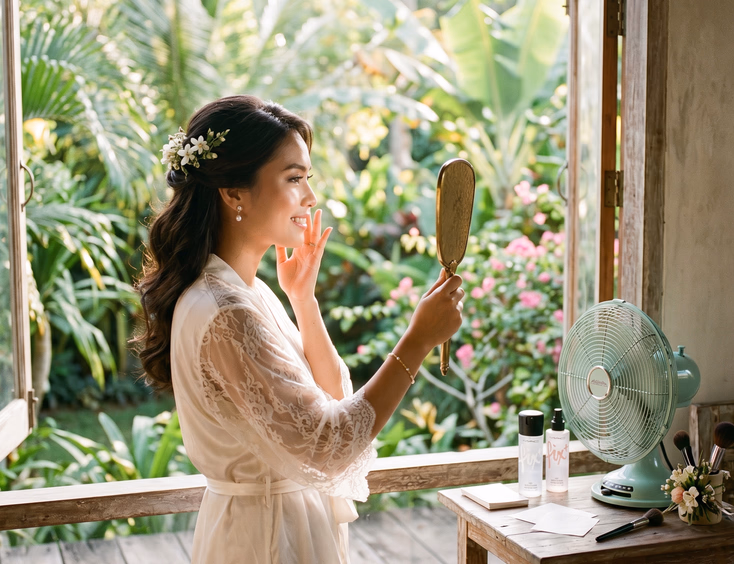 Filipino bride touching her cheek while examining her finished trial makeup in a handheld mirror near an open window with tropical greenery and warm sunlight outside and setting spray and blotting papers on a nearby table