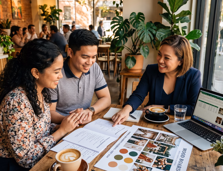Filipino couple and wedding host leaning over printed wedding program notes and mood board with coffee cups and laptop at modern café in warm natural light
