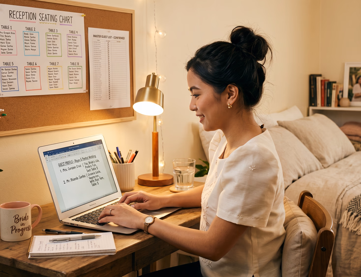Filipino bride typing guest profile document on laptop at home desk with printed seating chart and guest list pinned to cork board behind her
