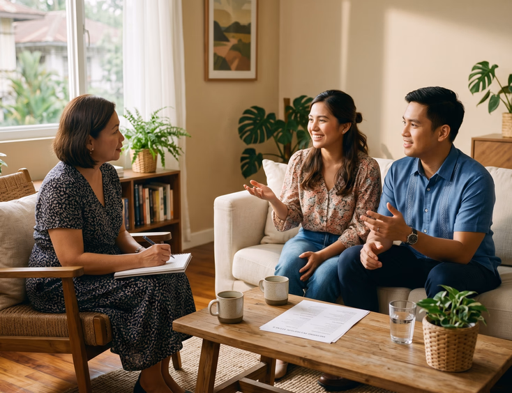 Filipino couple gesturing seriously to wedding host who takes notes in armchair during living room meeting with printed list on coffee table in soft afternoon light
