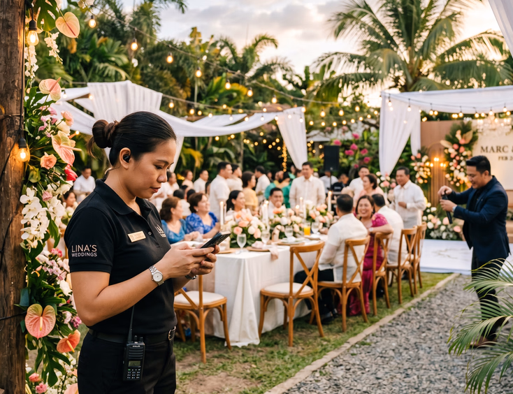 Filipino wedding coordinator checking phone group chat at edge of tropical garden reception while host adjusts microphone on stage and guests mingle at decorated tables in golden light