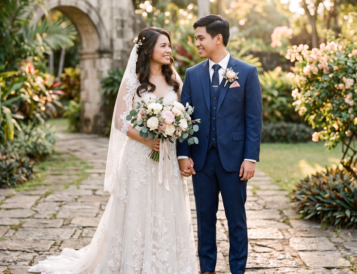 Filipino bride in an ivory beaded A-line gown and groom in a tailored navy suit with blush pocket square sharing a quiet smile in a soft afternoon light full-length portrait