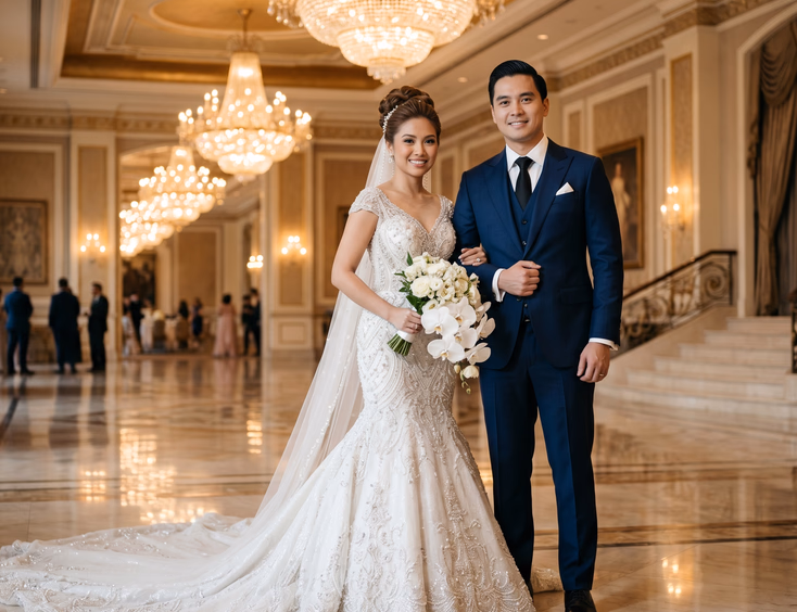 Filipino bride in a beaded mermaid gown with cathedral train and groom in a midnight blue three-piece suit with peak lapels posed inside a luxury Manila hotel ballroom with crystal chandeliers