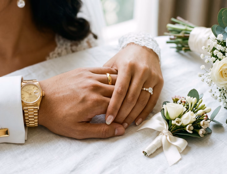 Close-up of Filipino bride and groom's hands showing coordinated yellow gold wedding bands, cufflinks, engagement ring, and matching boutonniere and bridal bouquet details