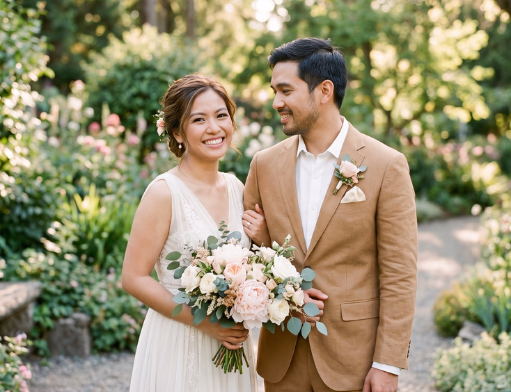 Filipino bride in an ivory chiffon gown and groom in a warm tan linen suit with cream pocket square and floral lapel pin standing together in a garden wedding outdoor setting