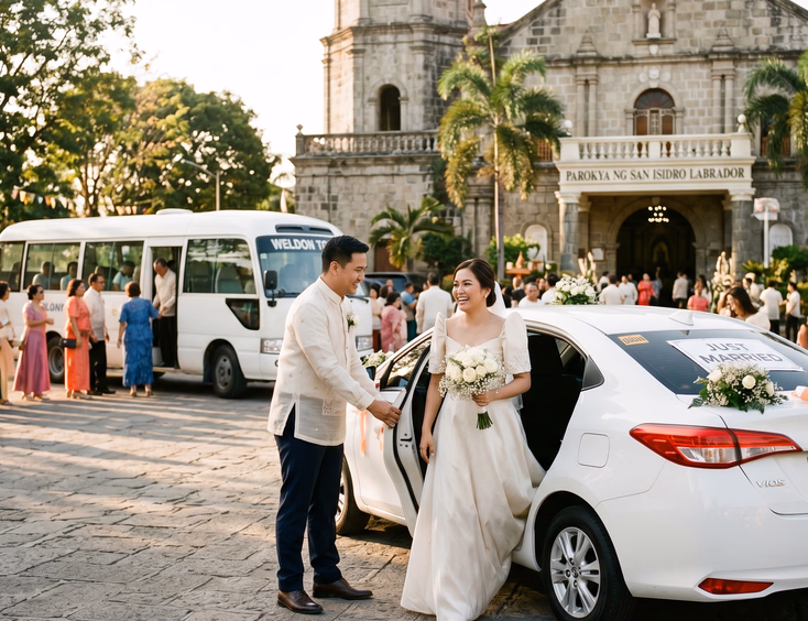 Filipino couple beside a white mid-range sedan decorated with floral arrangements and ribbon outside a Filipino church with the groom opening the door for the bride and a coaster bus loading wedding guests in the background at warm afternoon sunlight