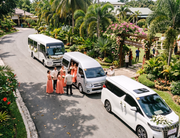 Top-down angled view of a Filipino wedding convoy outside a garden venue with a white bridal car a silver van and a white coaster bus parked in a row with groomsmen and bridesmaids in coordinated attire loading into the van