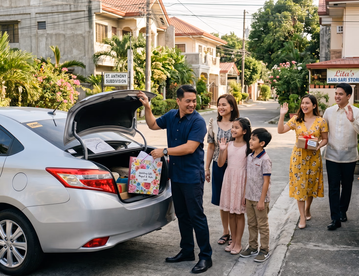 Filipino family of four in smart casual wedding guest attire beside a sedan in a residential driveway with the father loading a gift bag into the trunk and a younger couple approaching from the sidewalk carrying a wrapped box