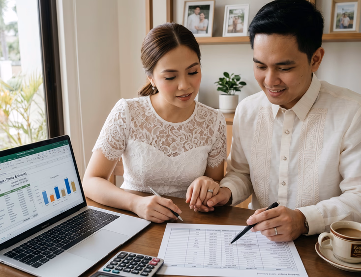 Filipino bride and groom reviewing a printed budget spreadsheet and laptop at a dining table in a well-lit Philippine home with a calculator pen and coffee cup under soft natural window light