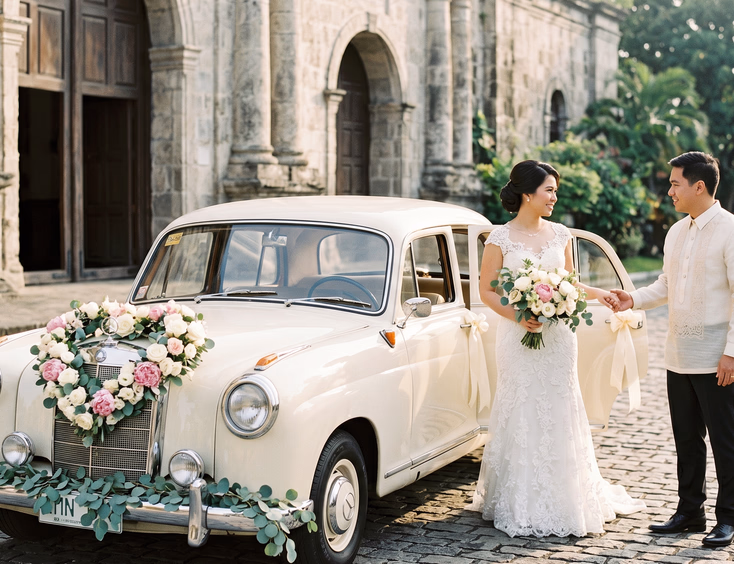 Cream vintage Mercedes-Benz bridal car with heart-shaped white roses and pink peonies on the hood parked on a cobblestone driveway with a Filipino bride in white lace gown and groom in cream Barong Tagalog beside a stone Catholic church