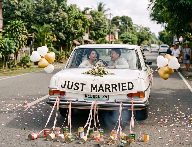 Rear view of a white luxury sedan bridal car with a Just Married sash on the trunk driving down a tree-lined street with tin cans trailing behind and a Filipino bride and groom laughing through the rear window with confetti on the road