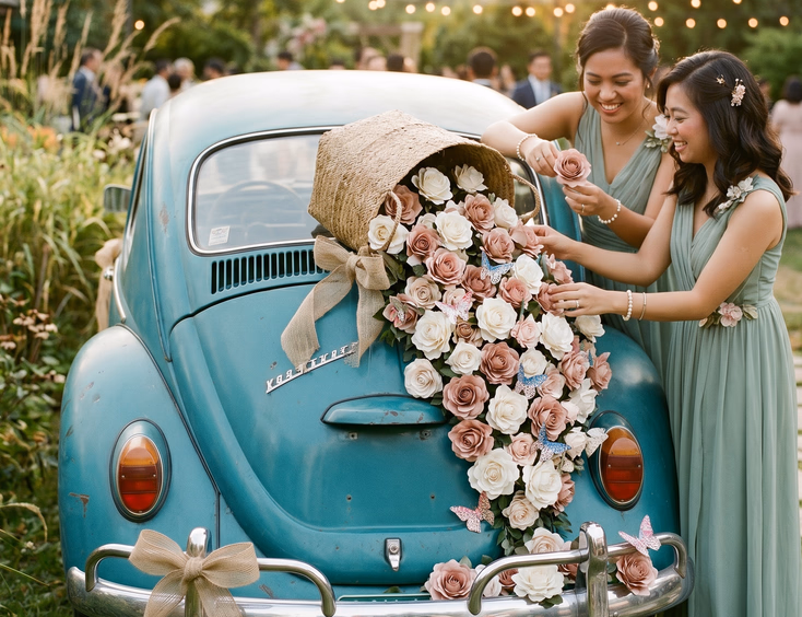 Close-up of a vintage teal Volkswagen Beetle trunk filled with handmade paper flowers in cream white and dusty rose with two Filipino bridesmaids in sage green dresses adjusting the arrangement in a garden venue at golden hour
