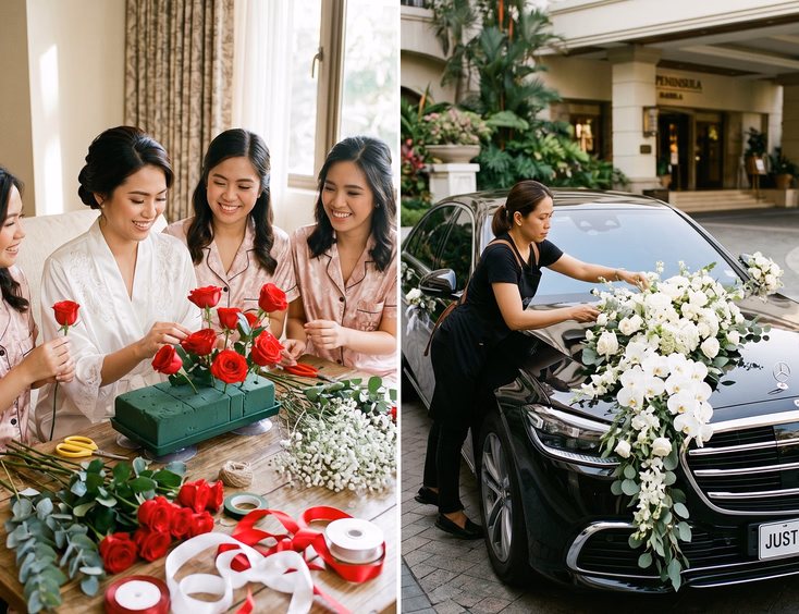 Split-scene of a Filipino bride and bridesmaids in pajamas assembling a bridal car bouquet at a wooden table on the left and a female florist installing white orchids and greenery on the hood of a black Mercedes-Benz S-Class on the right