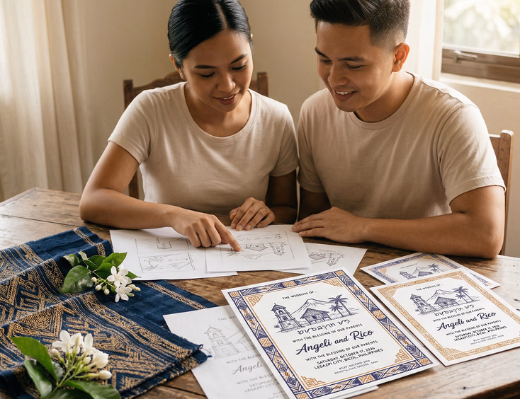 A Filipino couple in their late 20s sit together at a wooden table reviewing hand-drawn wedding invitation mockups in warm afternoon light, with traditional Filipino textile swatches in deep indigo and gold, sampaguita flowers, and invitation sketches featuring geometric inabel-inspired borders spread across the table.