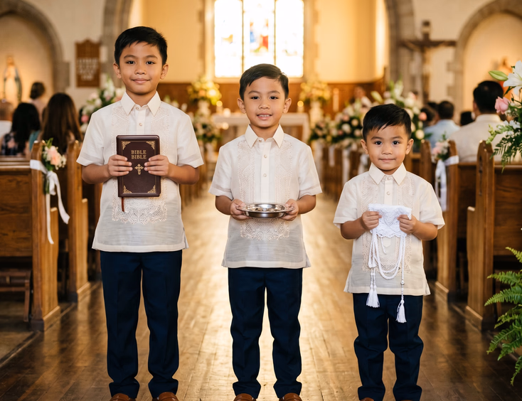Three young Filipino boys in cream embroidered Barong Tagalog, dark dress pants, and brown loafers standing side by side inside a Catholic church, the first holding a leather-bound Bible, the second a silver coin tray, and the third a folded white lace cord, in warm golden church window light