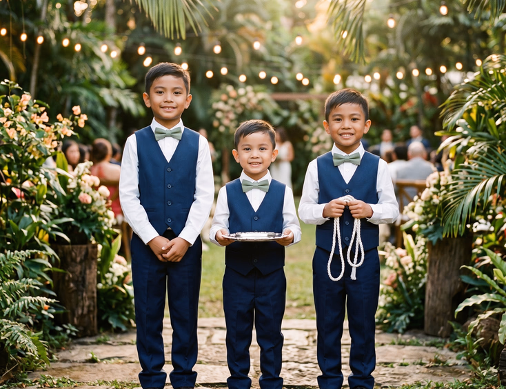 Three young Filipino boys in matching navy blue mini suits with white dress shirts and sage green bow ties standing together at a garden wedding venue with tropical greenery and string lights in the background, one holding a silver tray and one holding a folded white cord in golden hour sunlight