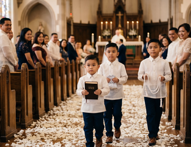 Three young Filipino boys in identical ivory Barong Tagalog shirts, dark trousers, and brown leather shoes walking in a line down a petal-covered church aisle each carrying a different item including a Bible, a coin pouch, and a white silk cord with blurred seated guests on both sides in soft stained glass light
