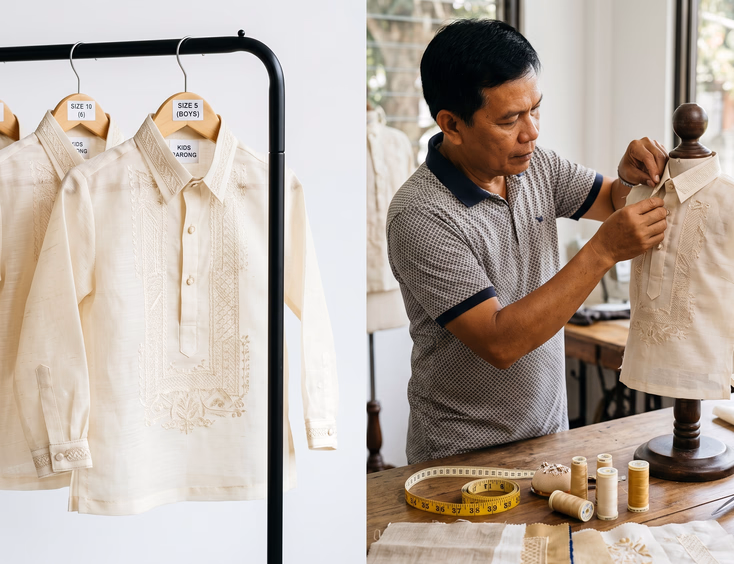 Split composition showing ready-made boys cream barong tagalog on a wooden hanger on a clothing rack on the left and a Filipino tailor pinning fabric on a half-finished boys barong tagalog on a small dress form on the right with measuring tape, thread spools, and fabric swatches on the work table in soft natural window light