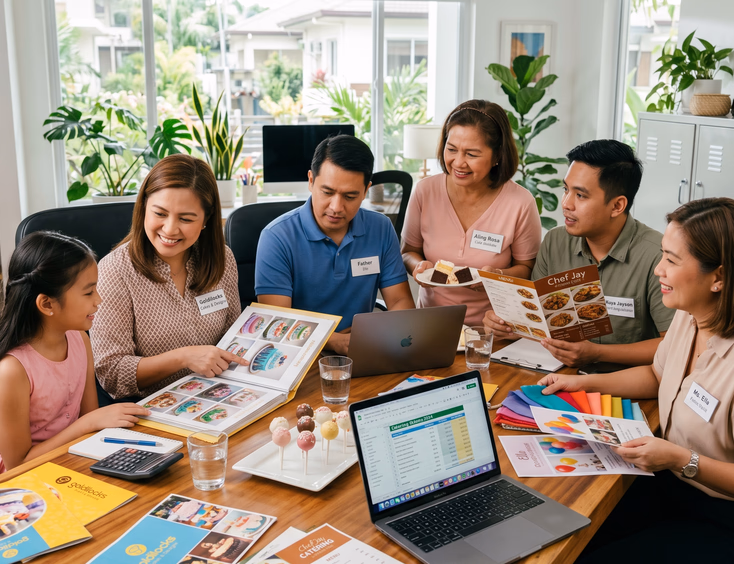 A Filipino family collaborates with party suppliers, reviewing a cake portfolio and catering quotations on a laptop in a modern home office.