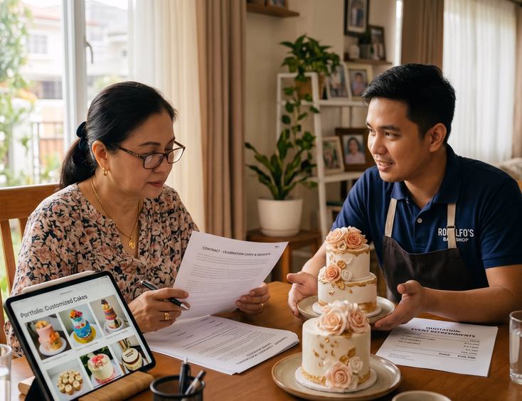 A Filipina mother in a sunlit dining area reviews a supplier contract and cake sample presented by a Filipino baker in a vetting meeting.
