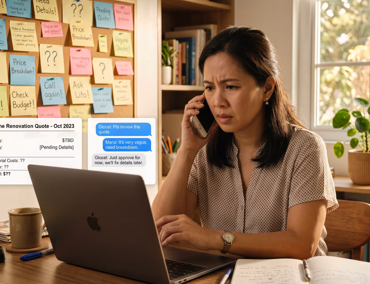 A concerned Filipina mother scrutinizes vague supplier documents and texts on her laptop in her home office while planning a birthday.