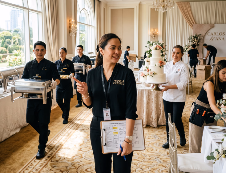 A Filipino event coordinator with a clipboard efficiently manages the setup of caterers, a baker, and a stylist in a hotel function room.