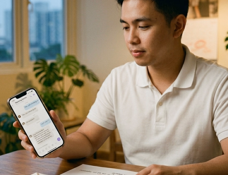 A Filipino man in his late 20s sits at a dining table in a warmly lit Manila apartment holding a smartphone with a follow-up RSVP message ready to send on Viber, with a printed guest list with yellow-highlighted names and a pen resting across it in front of him.