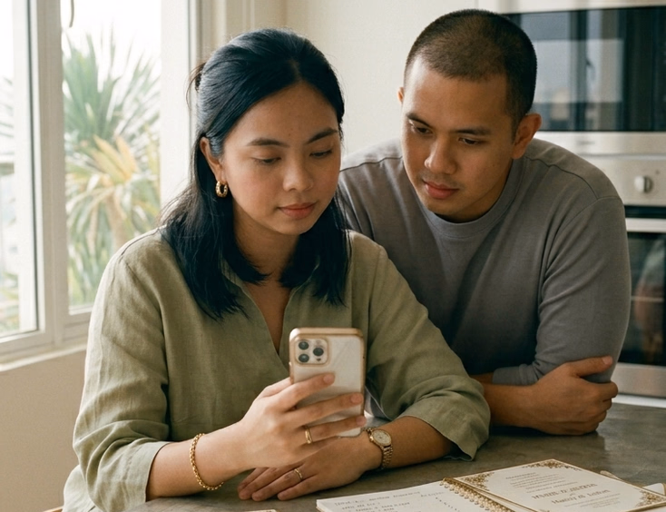 A Filipino couple in their late 20s sits at a kitchen counter in a modern Manila apartment, the woman holding a smartphone showing a Viber thread with a last-minute guest cancellation while the man leans in to read the message, both looking mildly concerned, with a printed guest list showing names and meal preferences beside them in warm natural morning light.