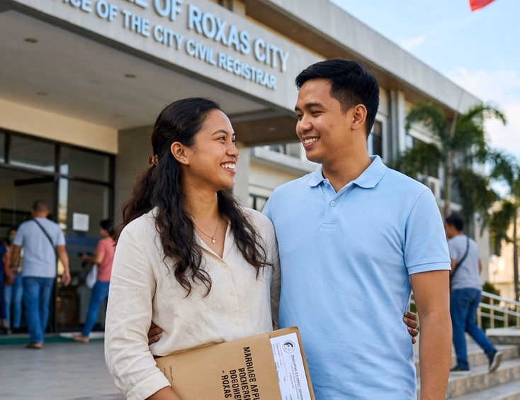 Filipino couple arriving at a Philippine city hall entrance with documents in hand to begin their marriage license application.