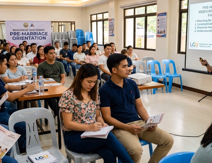 Filipino couples attending a pre-marriage seminar with a facilitator presenting family planning slides in a Philippine LGU community hall.