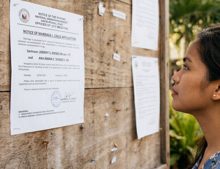 Young Filipino couple reading a marriage license application notice posted on a bulletin board outside a Philippine municipal hall.