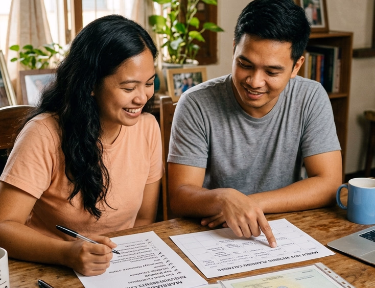 Filipino couple reviewing marriage license requirements and a wedding planning calendar at home with PSA documents and a laptop on the table.