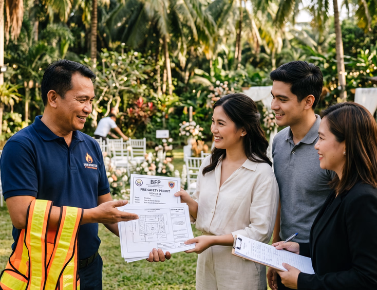 Licensed Filipino pyrotechnics operator handing BFP permit and PNP-FED license documents to a bride and groom at a garden venue.