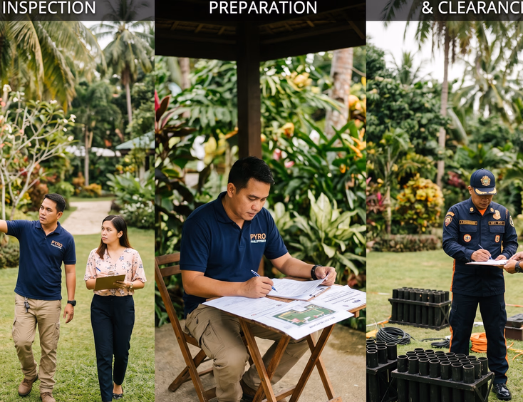Sequential stages of the wedding fireworks permit process including site inspection and final BFP officer clearance in the Philippines.