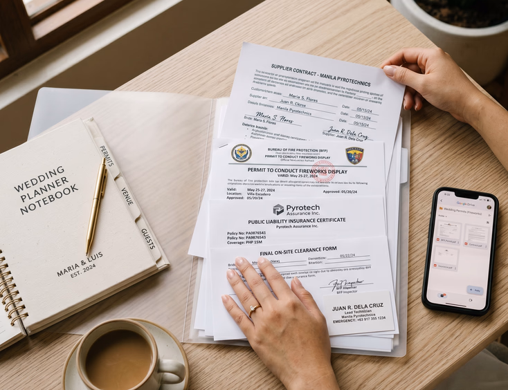 Close-up of organized wedding fireworks permit paperwork, BFP clearance, and insurance certificates with a digital backup.