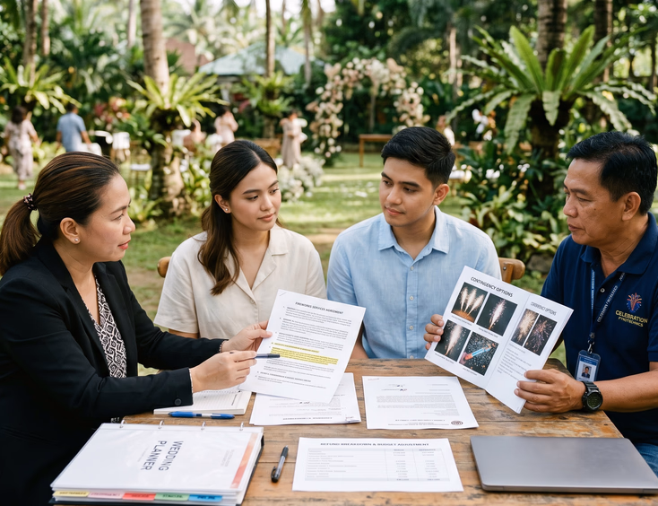 Wedding coordinator and Filipino couple reviewing fireworks contingency plans and refund clauses with a licensed supplier.
