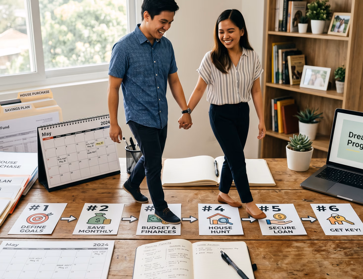 A young Filipino couple plans together in a bright modern home office, following a numbered path on a desk with documents and a calendar.