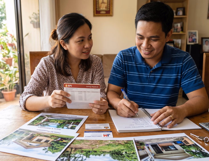 A focused Filipino couple takes inventory of their assets at a table, looking at property photos, a bank book, and a business card.