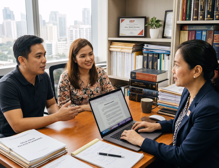 In a professional Philippine office, a Filipino lawyer drafts an agreement on a laptop while a collaborative couple explains their wishes.